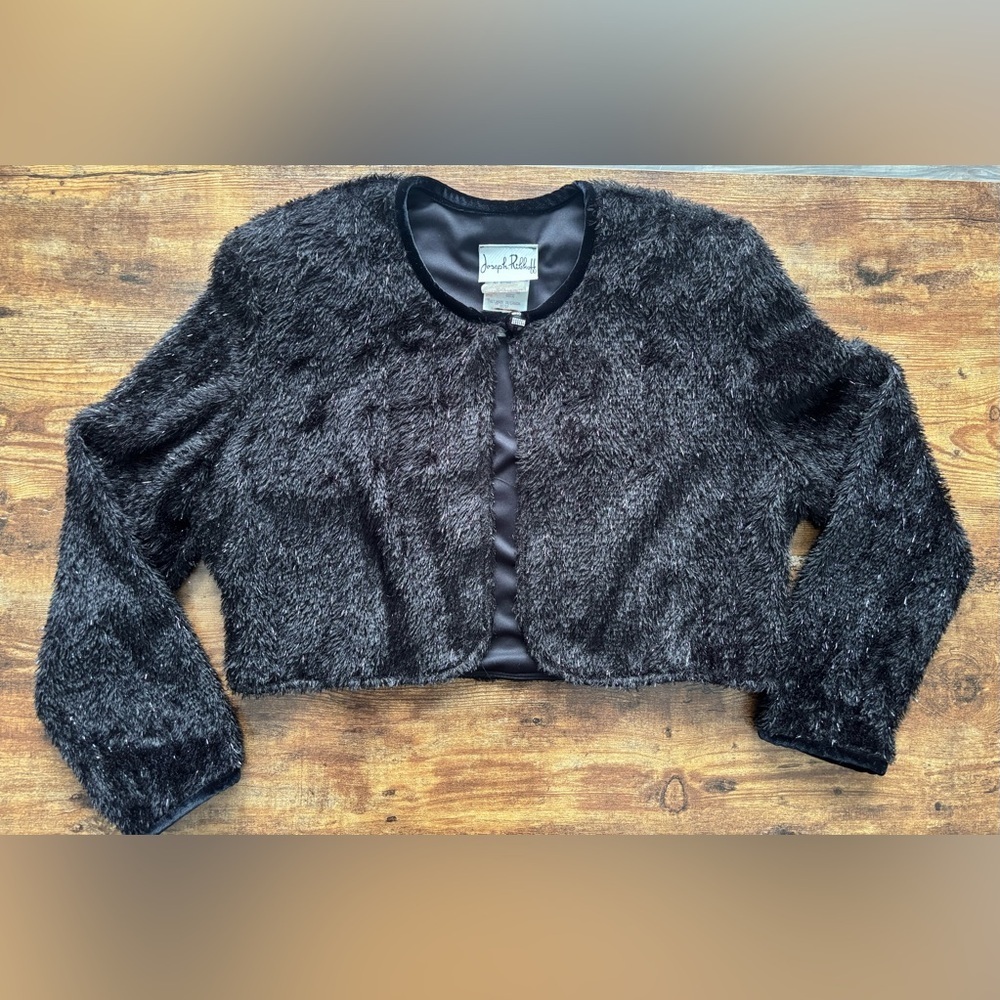 Vintage Joseph Ribkoff Black Faux Fur Cropped Jacket size 12